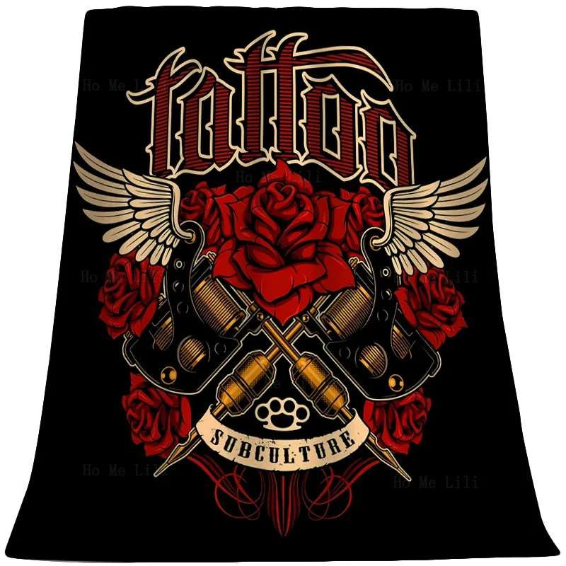 Old School Tattoo Machines Roses Sailor Flash Retro Skull Moth Devil Traditional Style Soft Cozy Flannel Blanket