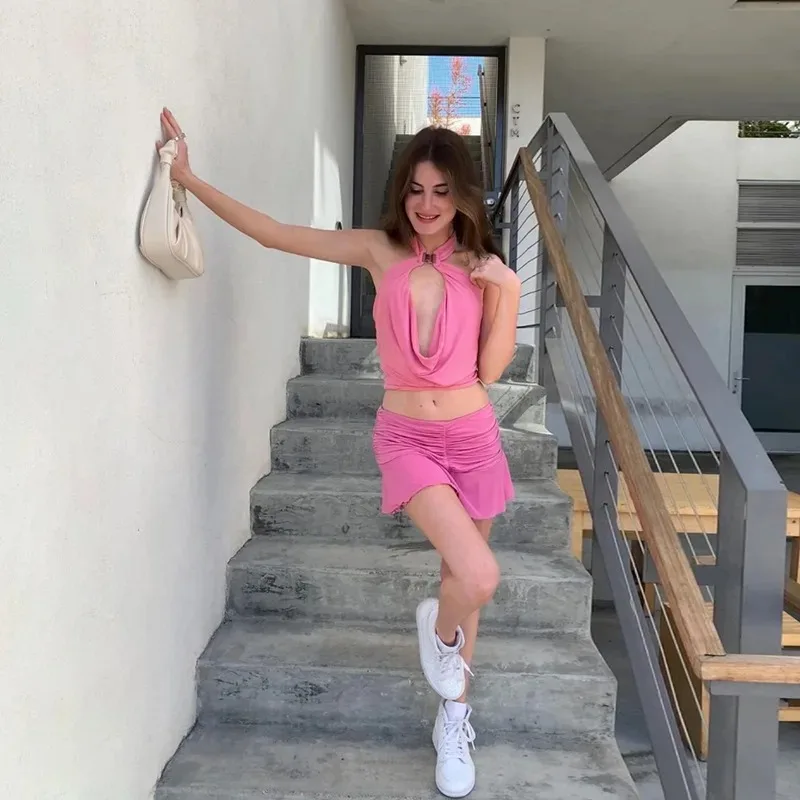 Pink Y2k Rave Club Party Sleeveless Women's Clothes 2023 Summer Fashion Sexy Halter Backless Hollow Out Slim All-match Crop Top