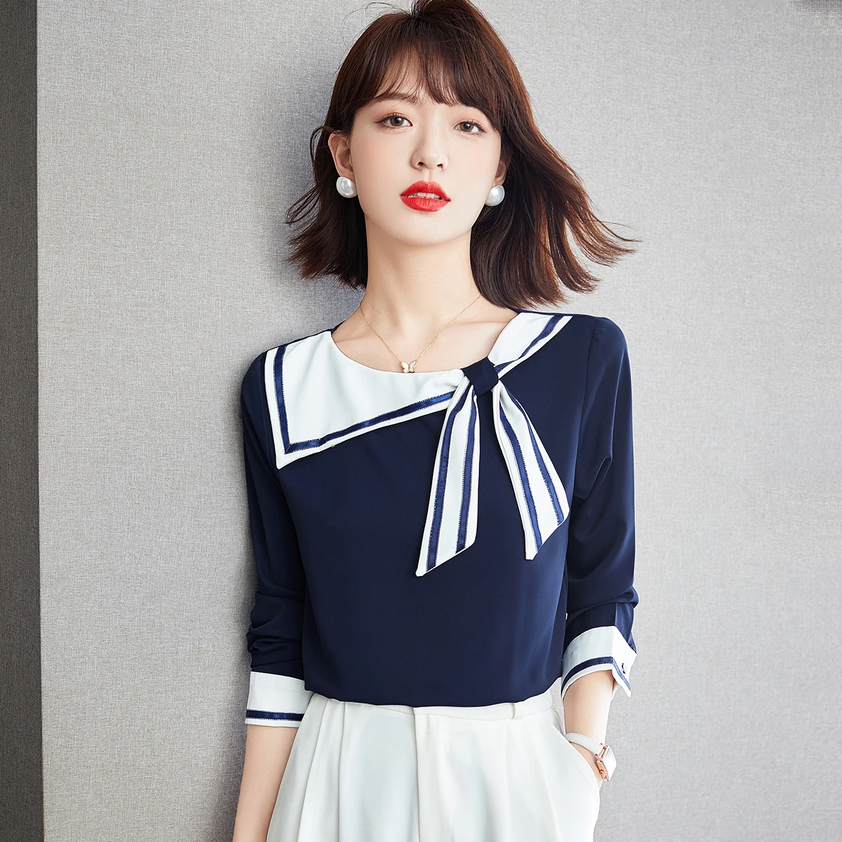 Sailor Collar Bow Long Sleeve Casual Shirt Women Tops Spring Autumn Office Lady Elegant Chic Loose Navy Pullover Blouse C1421