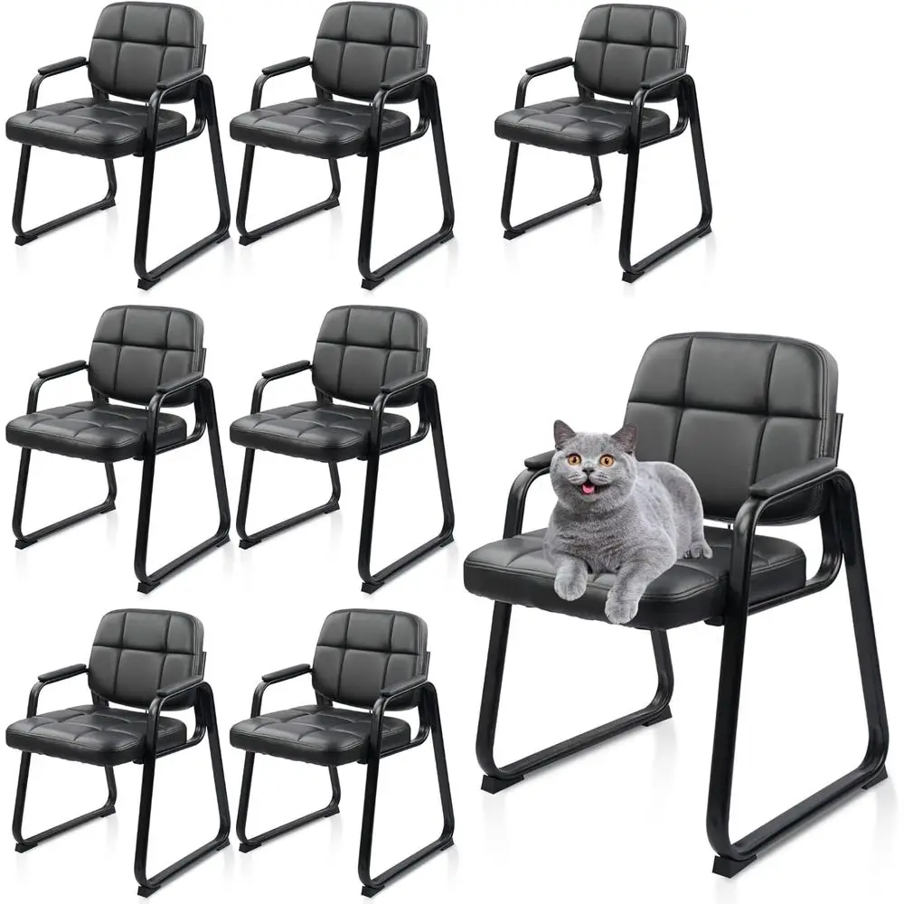 

Set of 8 Stationary Leather Office Chairs with Padded Arms for Conference Room or Lobby Use