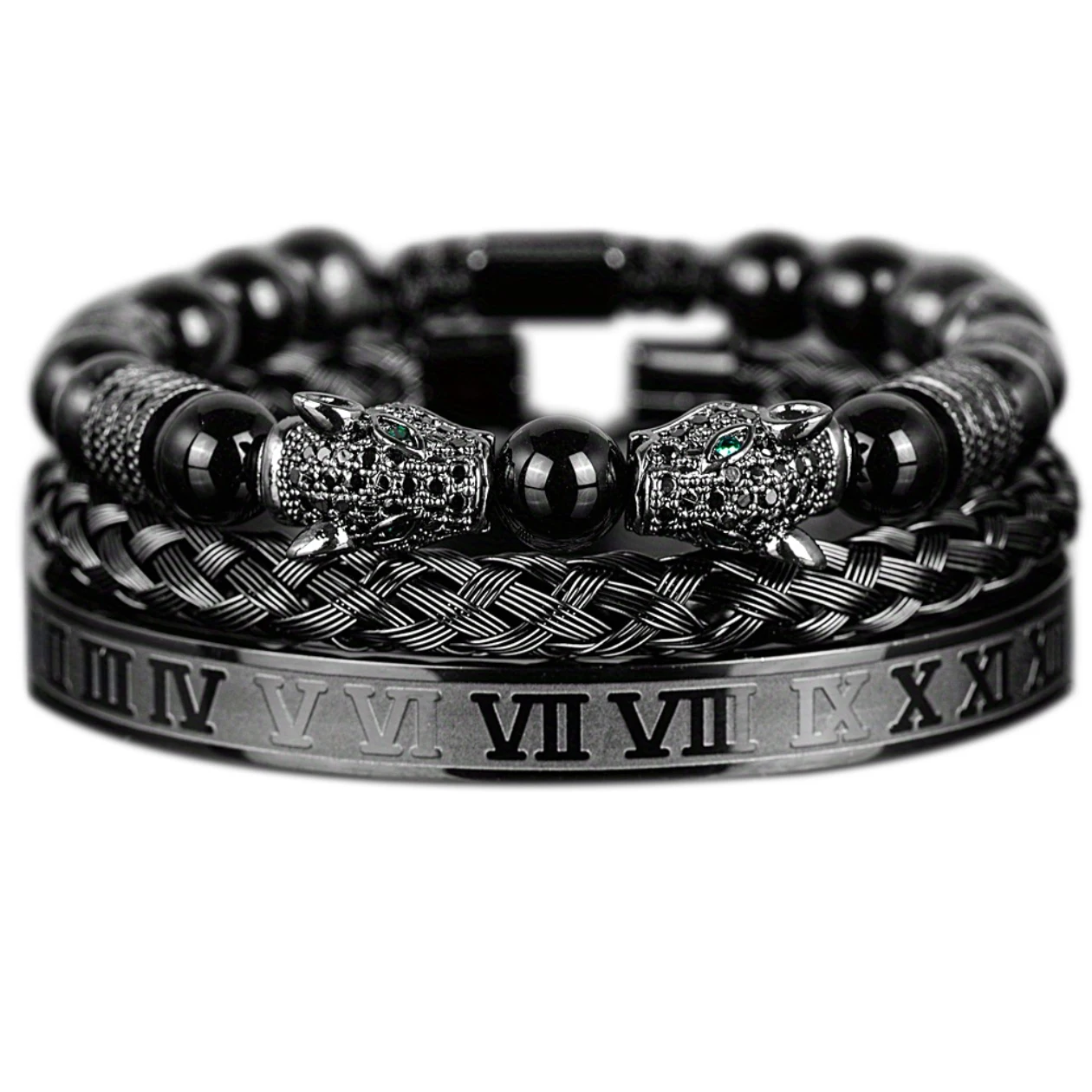 3PCS Mens Premium Black Agate Beaded Bracelet Set - Double Leopard Head, Roman Numerals, Adjustable Braided Design Accessory