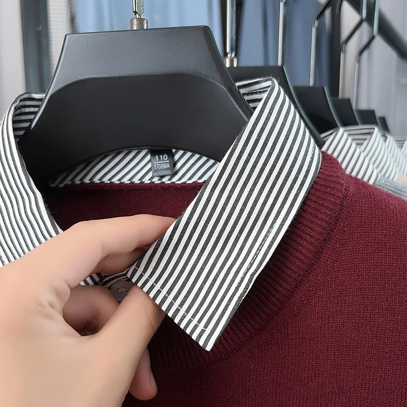 Herren O-Ausschnitt Strickpullover Herbst Winter Farbblock Zweiteiliger Look Hemdkragen Langarm-Oberteil Business Casual Herrenbekleidung – Detail 3