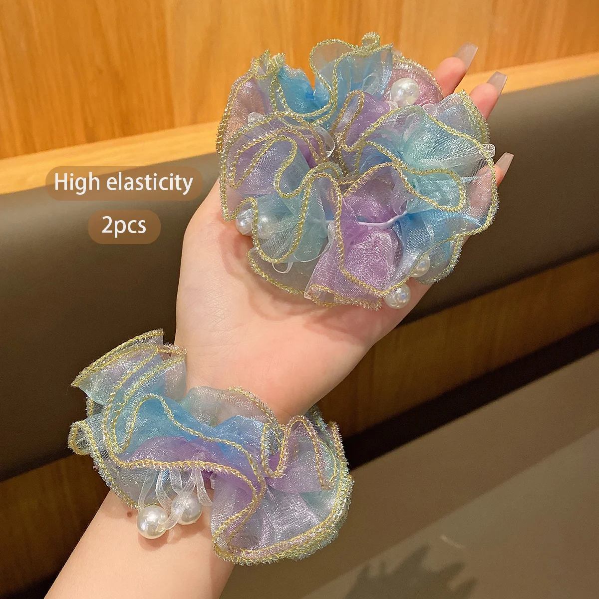 2 mesh large intestine hair rings Korean version sweet wind rubber band hair accessories view 3