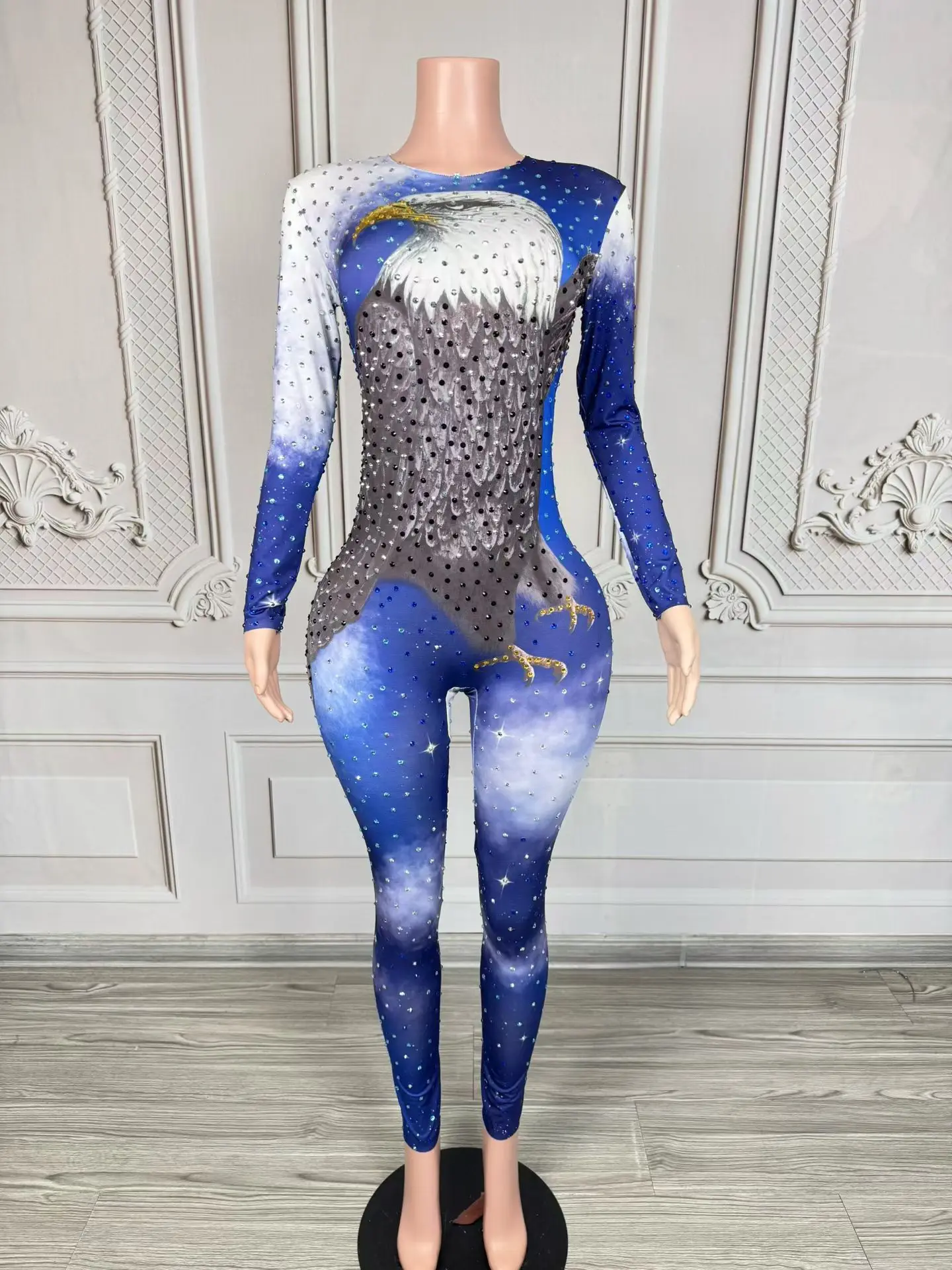 Spandex Elastic Eagle Printing Tight Fitting Jumpsuit Sexy Women Masquerade Party Drag Queen Performer Long Sleeves Wear Haidiao