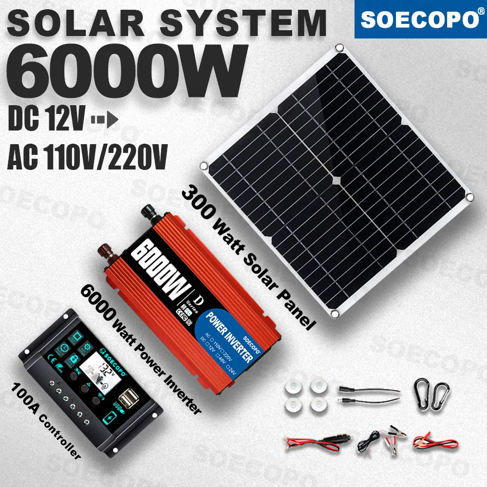SOECOPO 6000W Solar System Complete Kit 12V DC to 110V/220V AC Inverter 300W Panel 100A Controller Off Grid for Home RV Camping