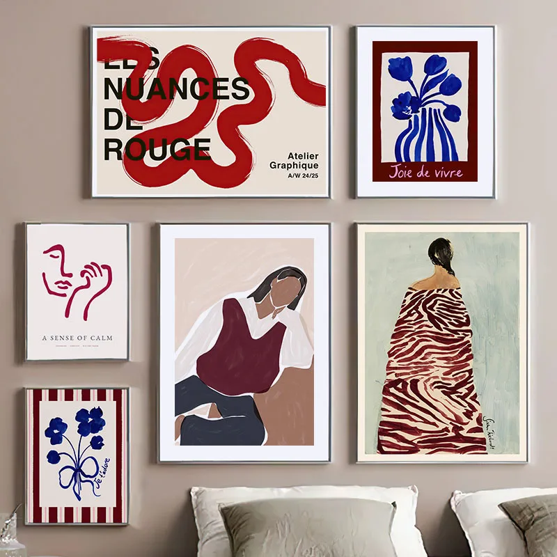 Red Striped Girl Flower Line Face Abstract Posters And Prints Wall Art Canvas Painting Hotel Bar Pictures For Living Room Decor