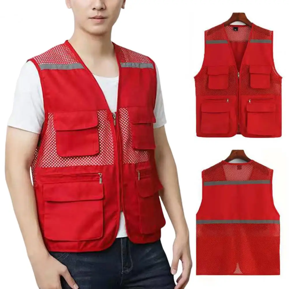 Mesh Director Waistcoat Reflective Stripes Director Fishing Vest with Multi Pockets for Men Breathable Lightweight for Outdoor