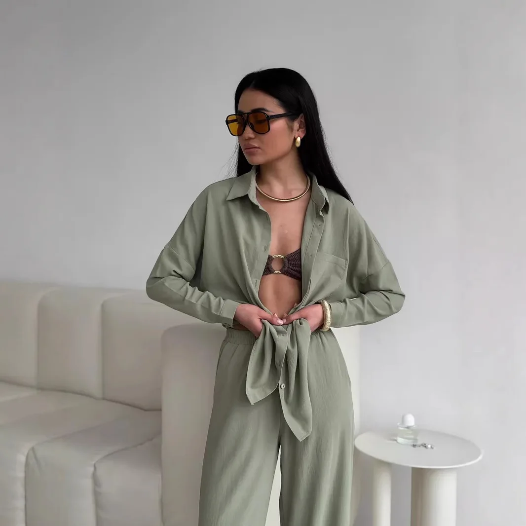 

Pocket Spliced Straight Long Pants Suits 2025 Spring Summer Two Piece Pant Sets Casual Office Lady Solid Full Sleeve Shirts