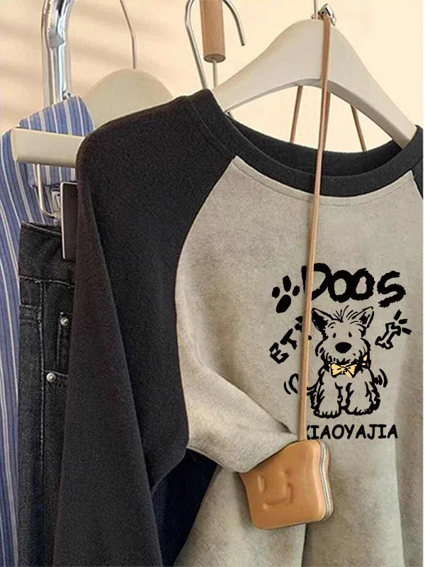 Happy Little Dog Stampa oulder Sve round Ne Felpa da donna Primavera Autunno 2025 Nuovo ular Colore Blo Hatl Lungo...