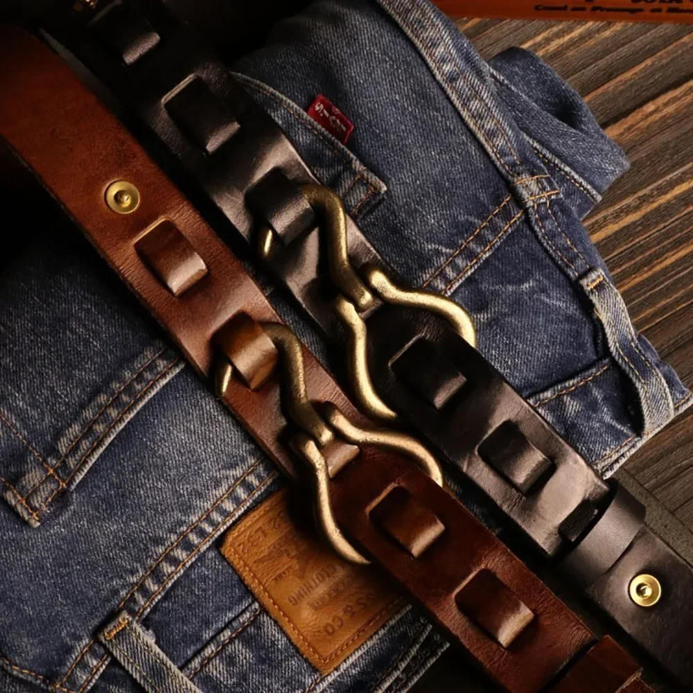 Vintage Handwoven Belts with Solid Brass Buckle Thick Genuine Cowhide Leather Belts for Men 3.4CM Width
