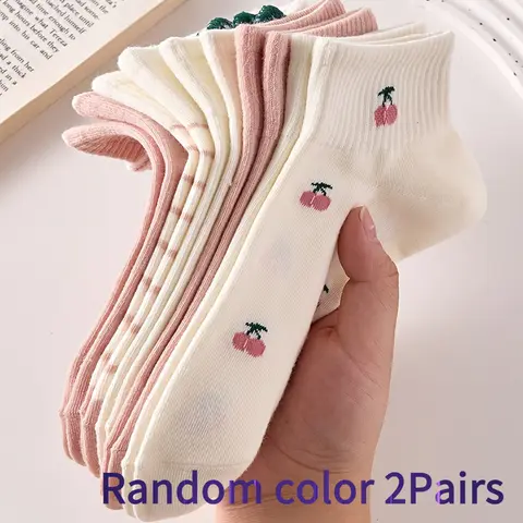 Random color women's socks2Double Pack，Features cute pink cherries、Strawberry and rabbit pattern，Comfortable and Breathable