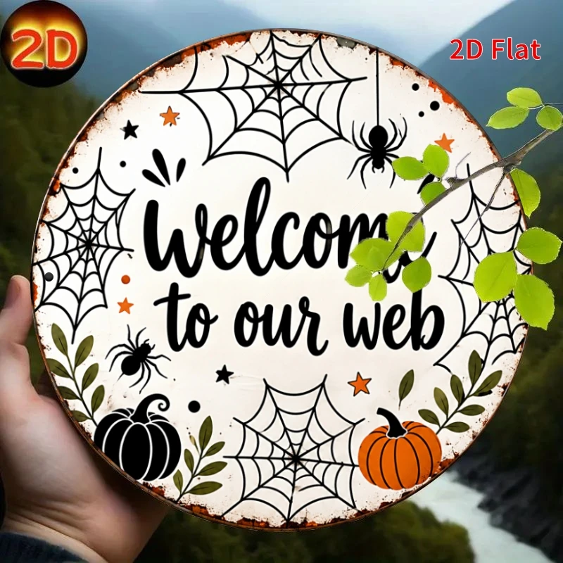 2D Flat, [2Dflat], 1pc 20x20cm- Metal Aluminum Tin Plaque, Welcome to Our Web Decorative Signs, Spider Web Pumpkin Vintage Wall
