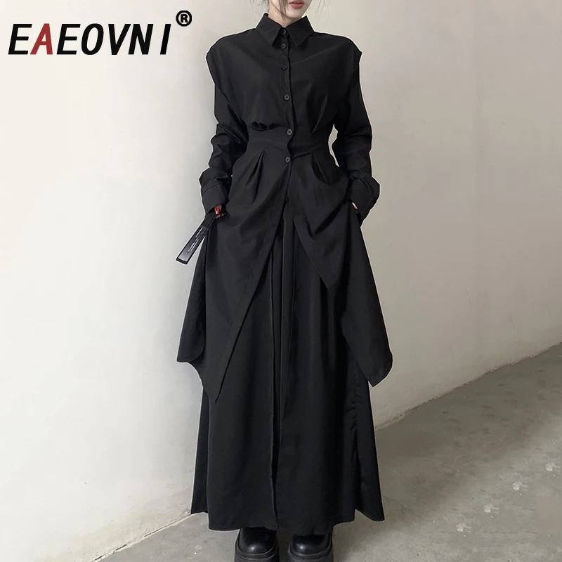 

EAEOVNI Streetwear Black Women Two Piece Set Long Button Shirt Dress + Wide Leg Trousers Fashion 2025 New Clothing