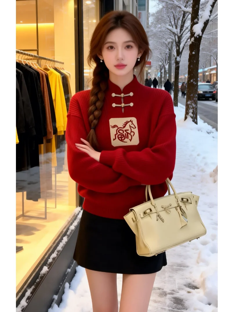 

Red Embroidered Knitwear Women's Autumn Winter New Chinese Sle Big Size Fat MM Design Sense Button up Top Faionable Warm