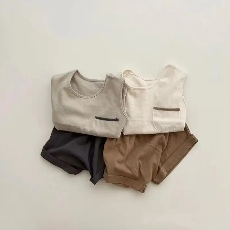 Conjunto de chaleco y pantalones cortos para niños pequeños, camiseta sin mangas de algodón 100%, informal, a la moda, 2 piezas