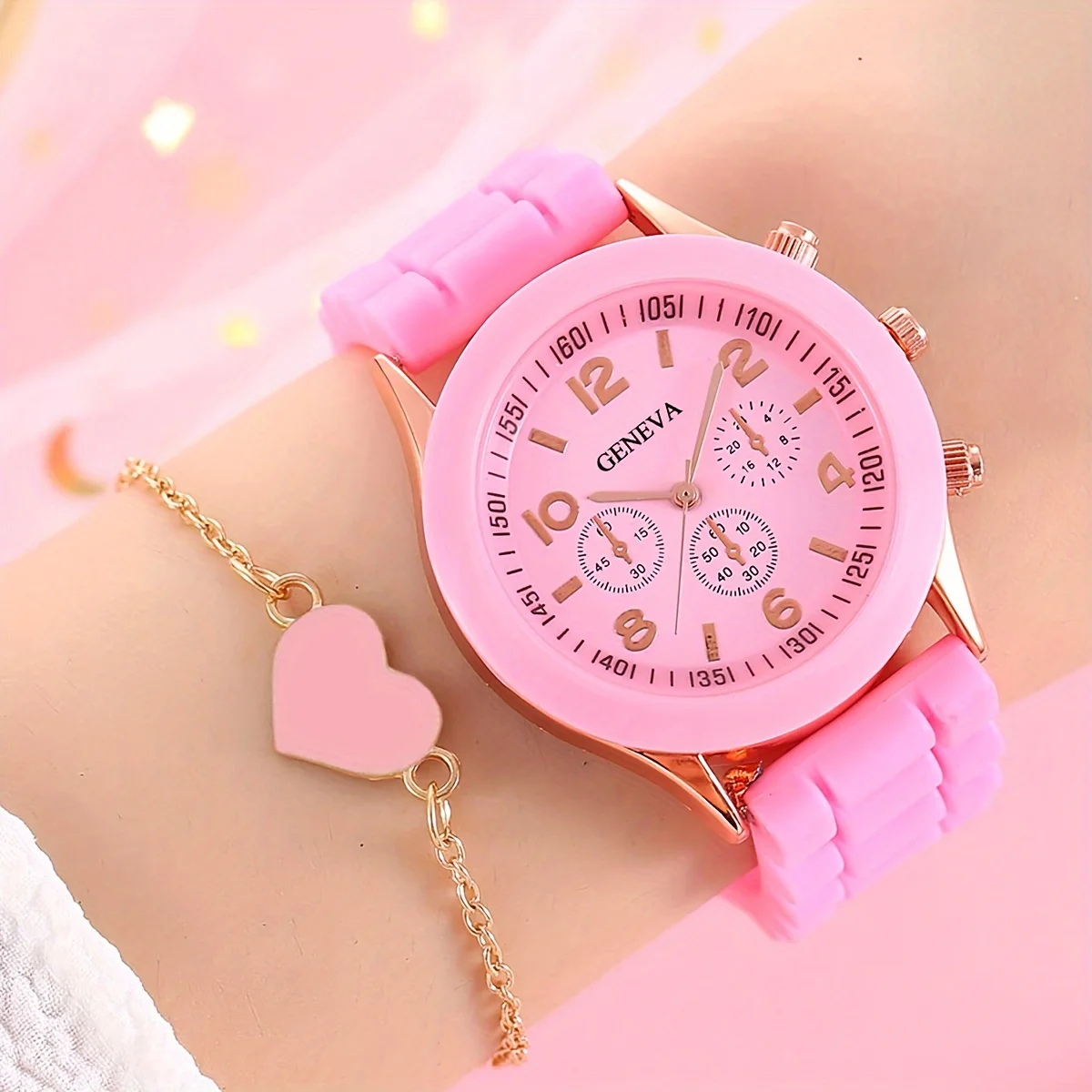 Reloj de pulsera de cuarzo de moda y conjunto de joyería de corazón: banda de silicona, esfera redonda digital, pantalla de puntero,