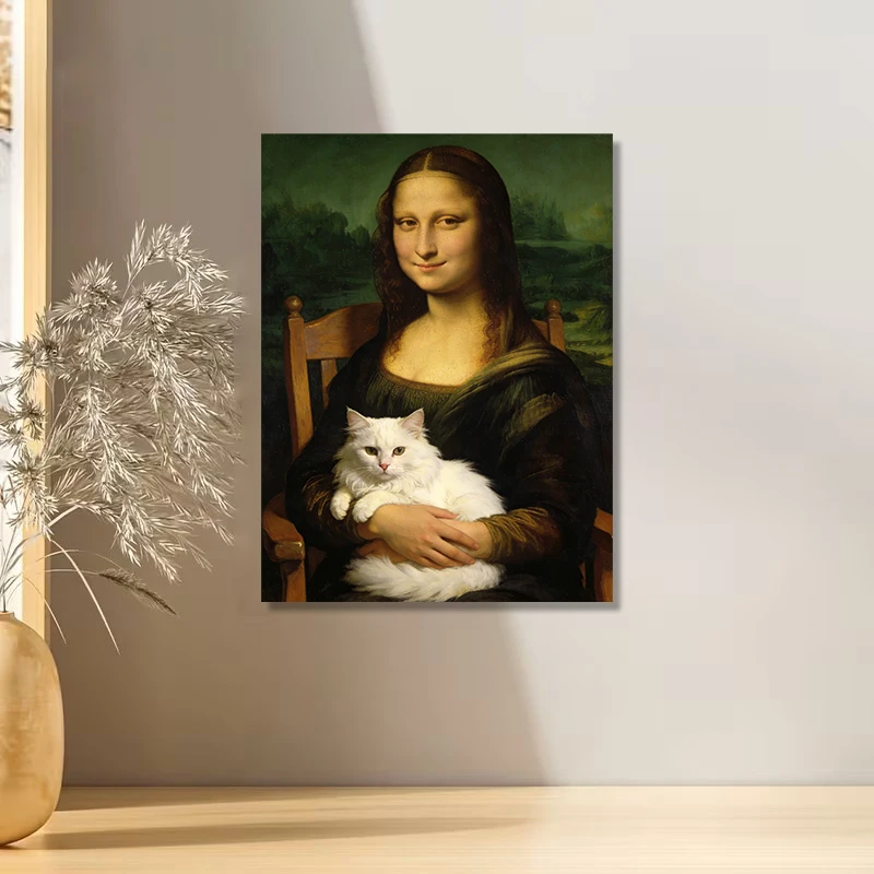 Mona Lisa umarmt Katze, lustige Wandkunst, Leinwandbilder, Leinwandposter und Drucke, kreative Malerei für Wohnzimmer, Heimdekoration