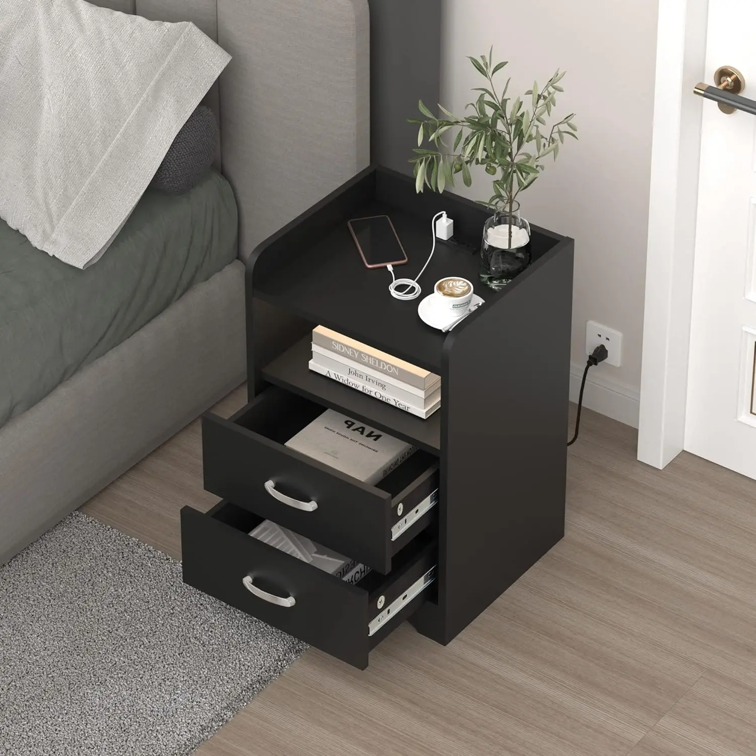 Nightstand with Charging Station and LED Lights, Modern End Table with 2 Drawers with USB Ports Bedside Tables (Black/White)