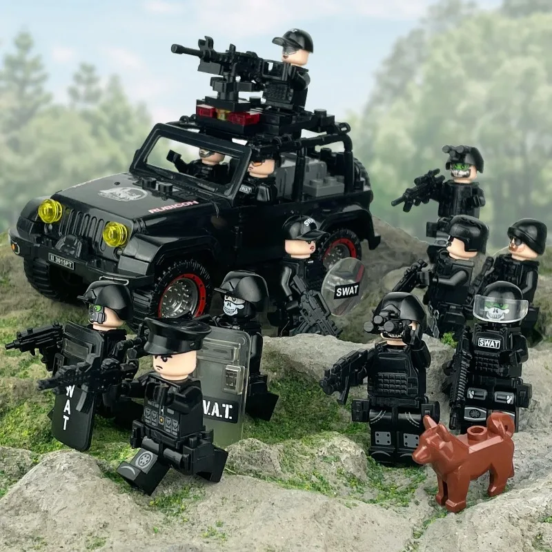 Blocs de construction, soldats fantômes, poupées humanoïdes, hélicoptères, jeeps, Hummers, chars, mini personnages, jouets pour enfants.