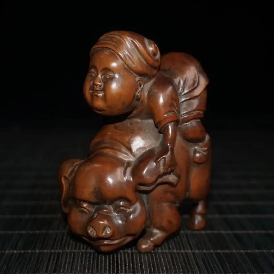 Antique Art 2-Inch Old Japanese Boxwood Hand Carved Lovely Pig Boy Riding Statue Netsuke Gift