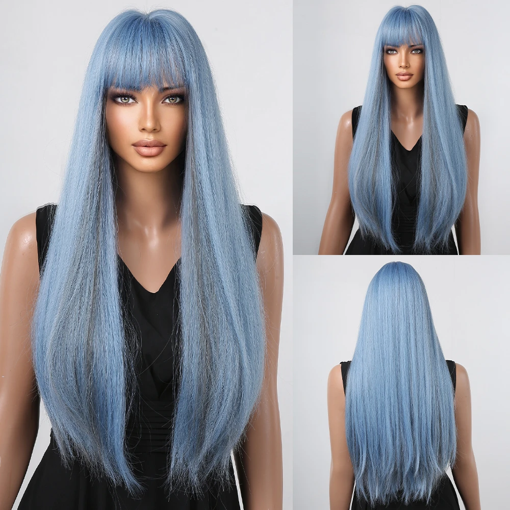 

Long Straight Synthetic Wigs with Bang Blue Mixed Gray Ash Cosplay Party Hair Wigs for Women Daily Natural Heat Resistant Fiber