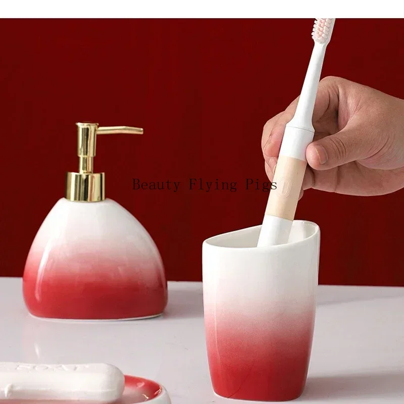 Gradient Red Ceramic Soap Dispenser Set Hotel Dish Mouthwash Cup Home Bathroom Supplies Accessories Wedding Gifts Soap Dish