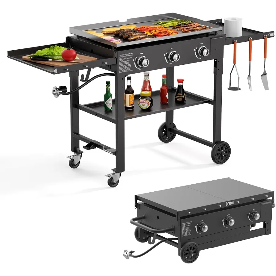 Parrilla de gas superior plana para cocinar al aire libre, plancha de propano portátil de 31,5 pulgadas con potencia de 45000 BTU, 3 quemadores, diseño de mesa Fol