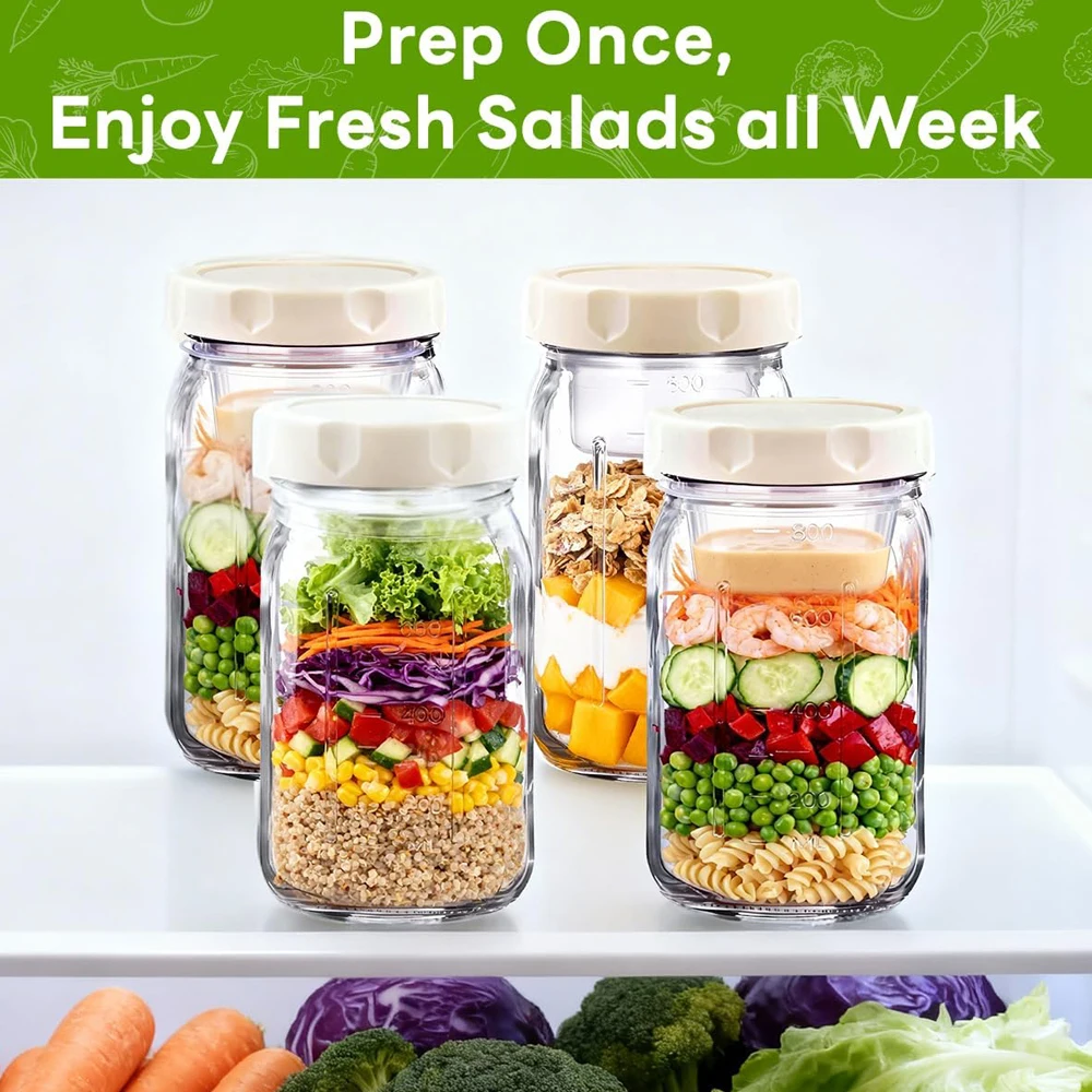 4個入りガラス製サラダジャー、32オンスの食事準備用サラダジ - Meal Prep Jar Salad のレビューと価格