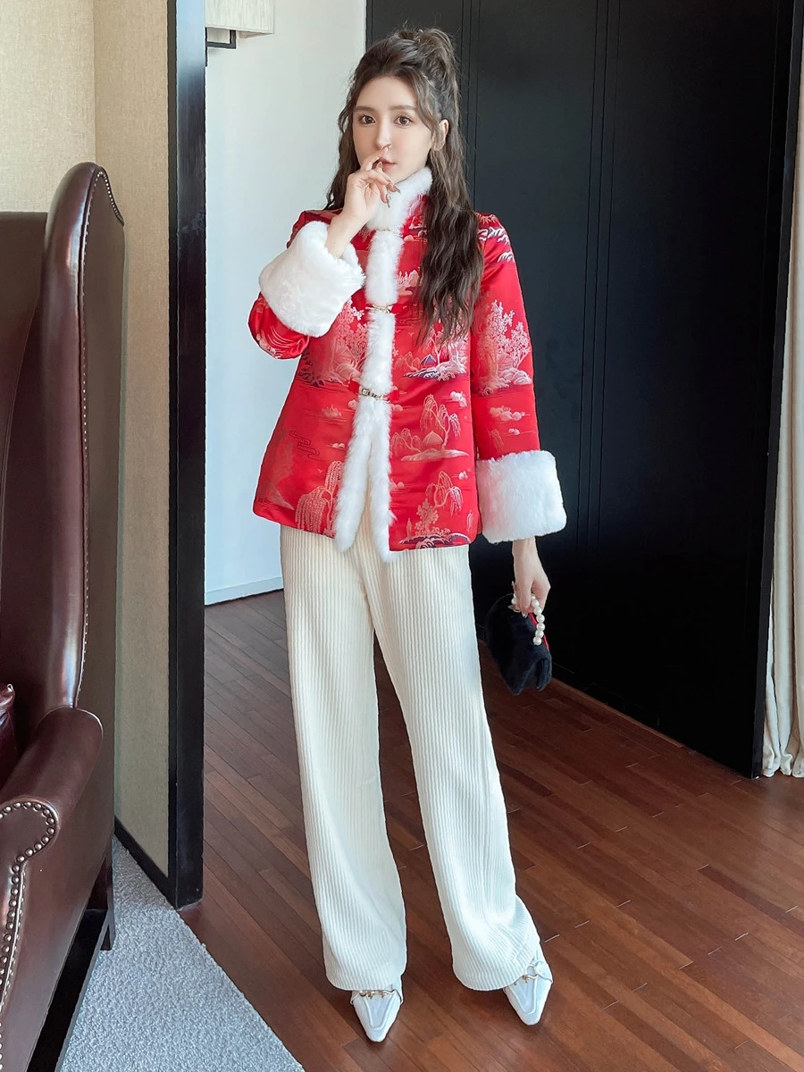 High-end Winter Women Jacket Top Chinese Style Hanfu Retro Jacquard Elegant Lady Warm Coat Female S-XXL