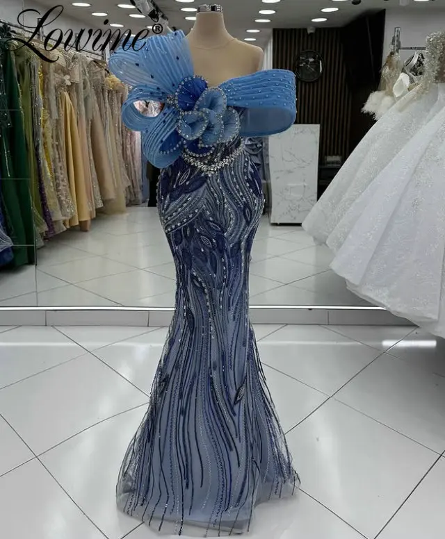 

Современное модное блестящее синее вечернее платье с 3D оборками для свадьбы, длинные платья для выпускного вечера с кристаллами и жемчугом по индивидуальному заказу, 2026