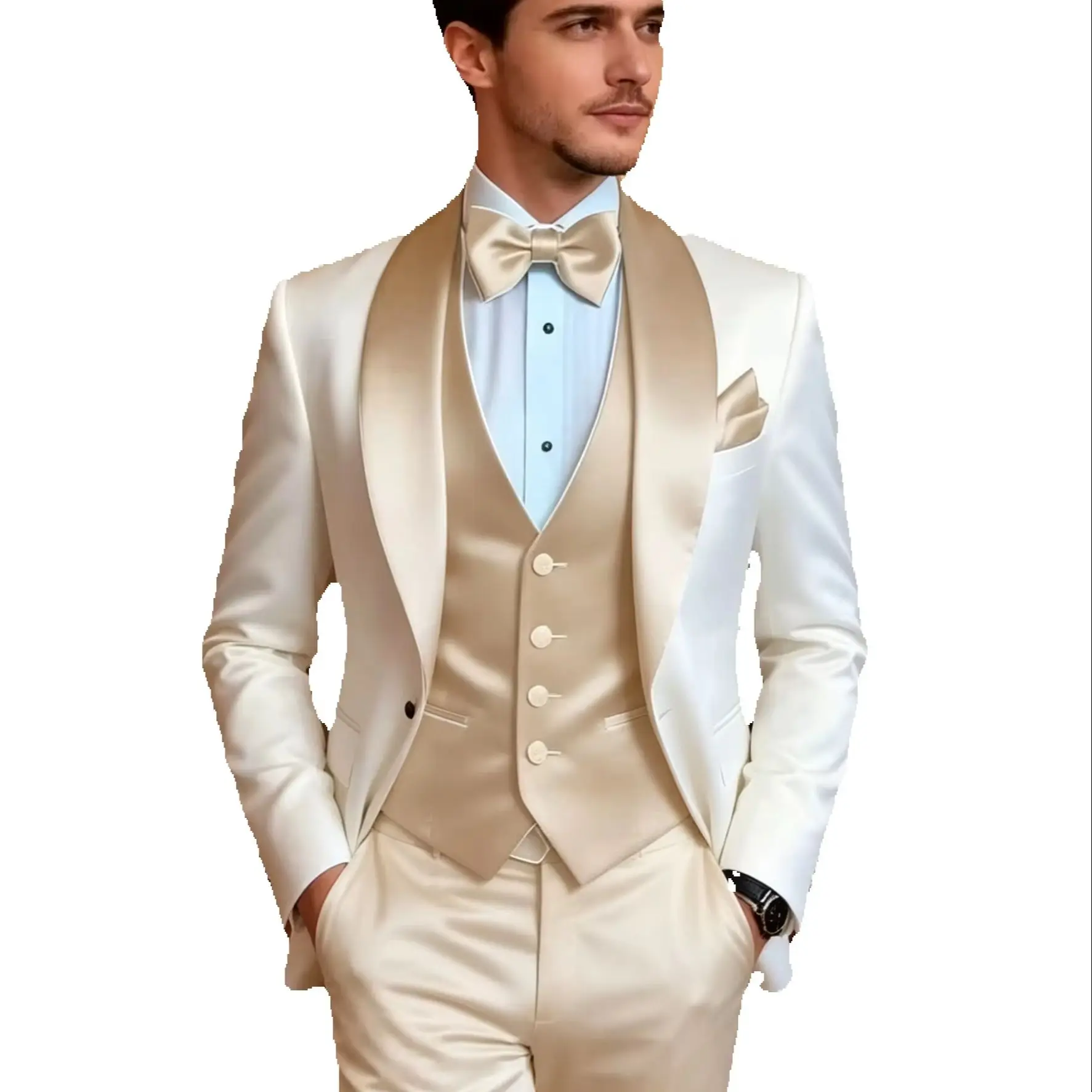 

Elegant Khaki Tuxedo Suit for Men 3 Piece Set Jacket Vest Pants Classic Attire for Wedding Dating Host Prom Ball Party Dress