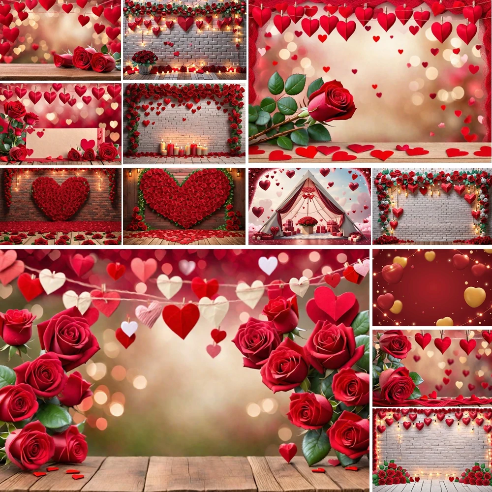 

MOON.QG Valentine's Day Backgrounds For Photographs Red Roses Wooden String Lights Backdrop Lover Poster Wedding Wallpaper Photo