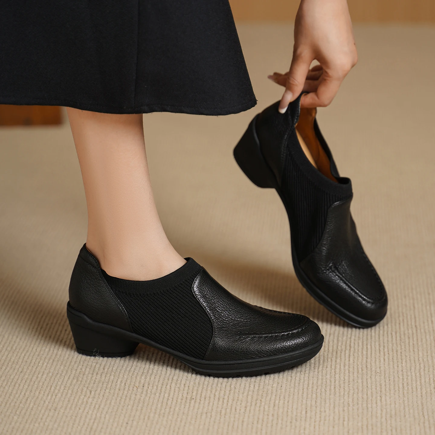 Genuine Sheepskin Women Pumps Elastic Knit Stretch Round Toe Slip on High Vamp Shoes Mid Chunky Heel Spring Summer Apricot Black