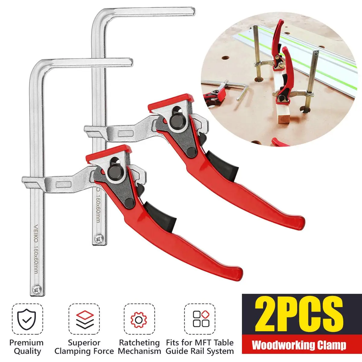 VEIKO 2PCS 160x60mm MFT Clamp Quick Guide Rail Clamp F Clamp for MFT and Guide Rail System Woodworking DIY