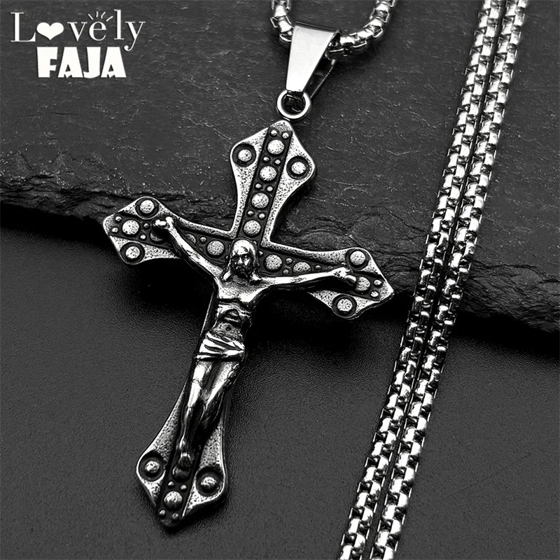 

Vintage Crucifix Jesus Christ Cross Necklace for Women Men Stainless Steel Silver Color Amulet Pendant Necklaces Jewelry Gift