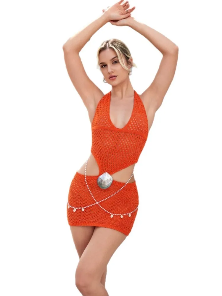 Robe de plage en tricot pour femmes, Sexy, ajourée, col en v, sans manches, Cover-Up pour Bikini, robe de vacances, été, 2026