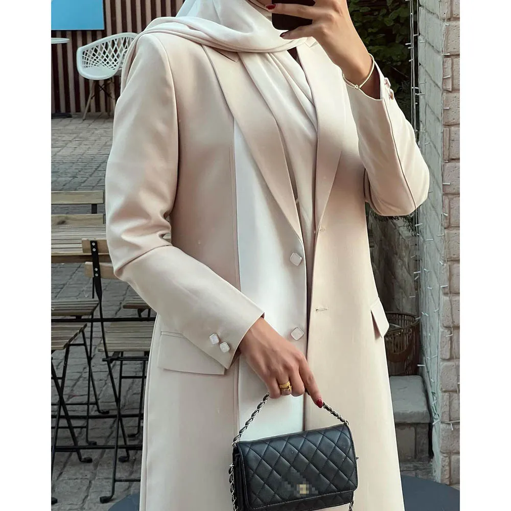 Formele Piek Revers Vrouwen Abaya Double Breasted Wit en Beige Blazer Luxe Mode Dubai Moslim Vrouwelijke Kleding Bovenkleding 2024