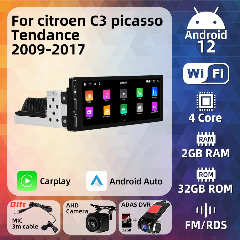 

1 Din Carplay Screen for Citroen C3 Picasso Tendance 2009 - 2017 Android Radio Stereo Car Multimedia Head Unit Autoradio GPS