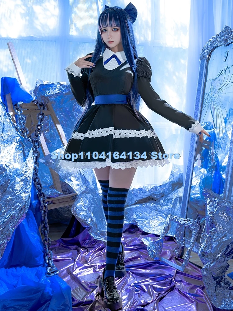 

Panty & Stocking With Garterbelt Stocking Anarchy Cosplay Costume Black Dress Uniform Long Wig Bow Tie Hairpin Striped Stockings