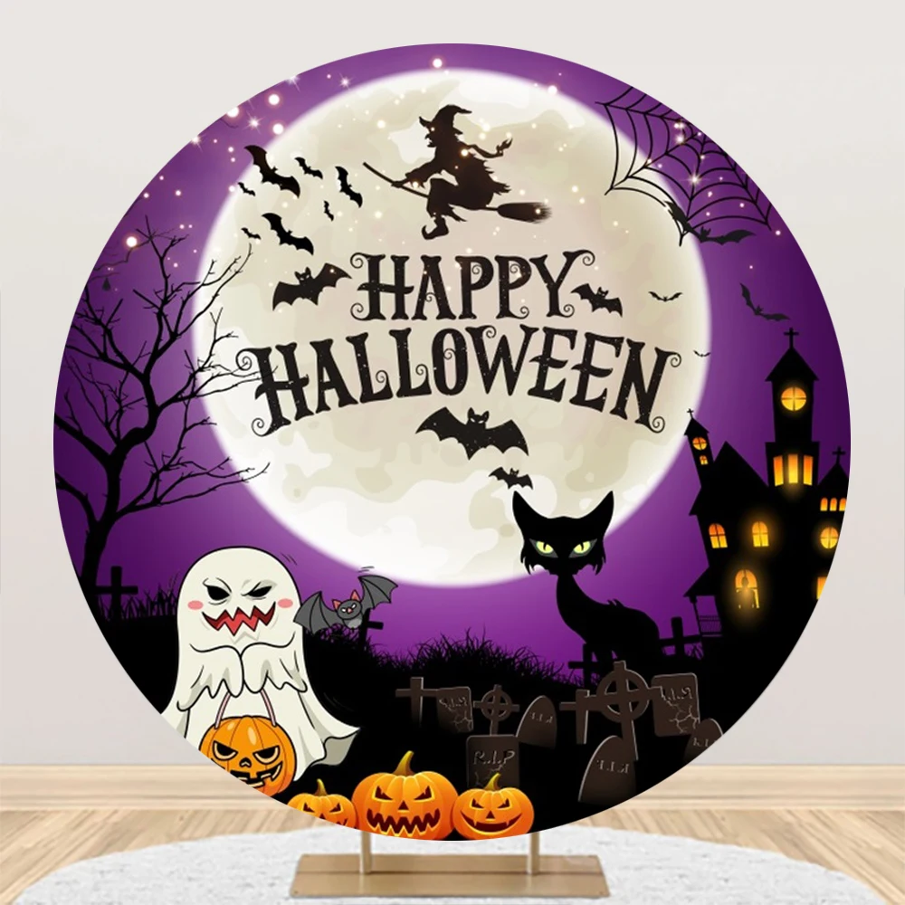 Halloween Backdrop Round Cover Moon Forest Witch Pumpkin Lamps Grave Baby Photo Photography Background Circle With Elastic Props