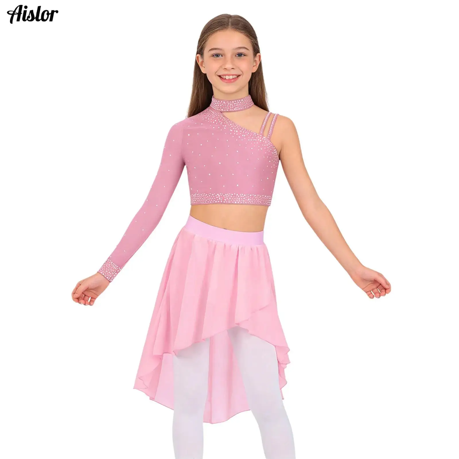 

Kids Girls Lyrical Modern Dance Costume Skating Ballet Dance Set Asymmetrical Rhinestone Crop Top And Built-in Briefs Skirts