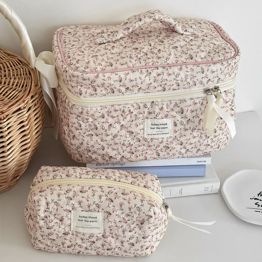 المرأة الأزهار طباعة حقيبة مستحضرات التجميل حقيبة يد السفر المنظم يشكلون حقيبة التخزين سعة كبيرة مبطن حقيبة للهدايا #2