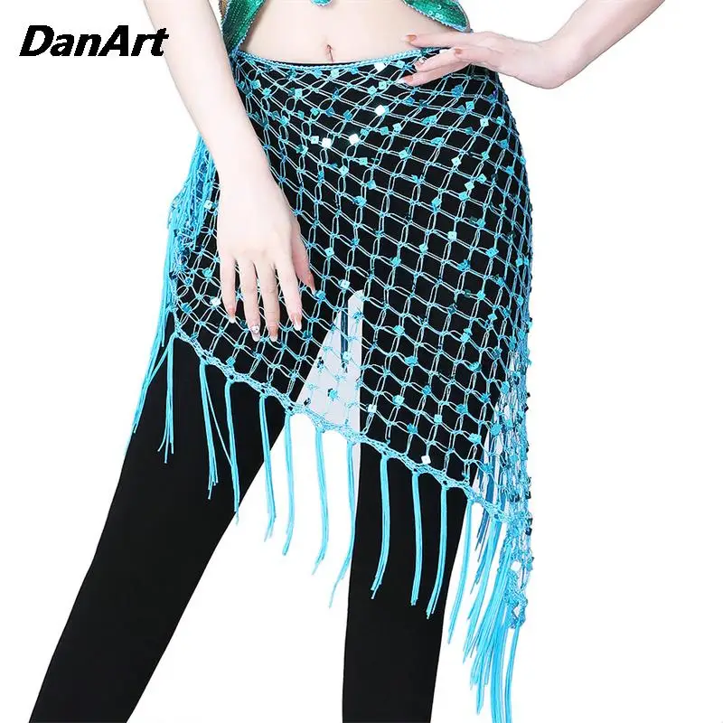 Lady Belly Dance Waist Chain Hip Scarf Indian Dance Performance Practice Costume Hollow Tassel Hip Scarf Triangle Sequin Skirt