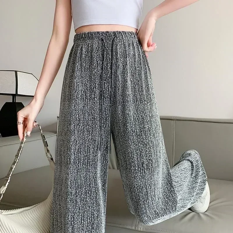 Women Straight Wide Leg High Waist Sparkling Pants Loose Casual Elastic Waist Pants Saggy Fashion Long Trousers Female Clothing