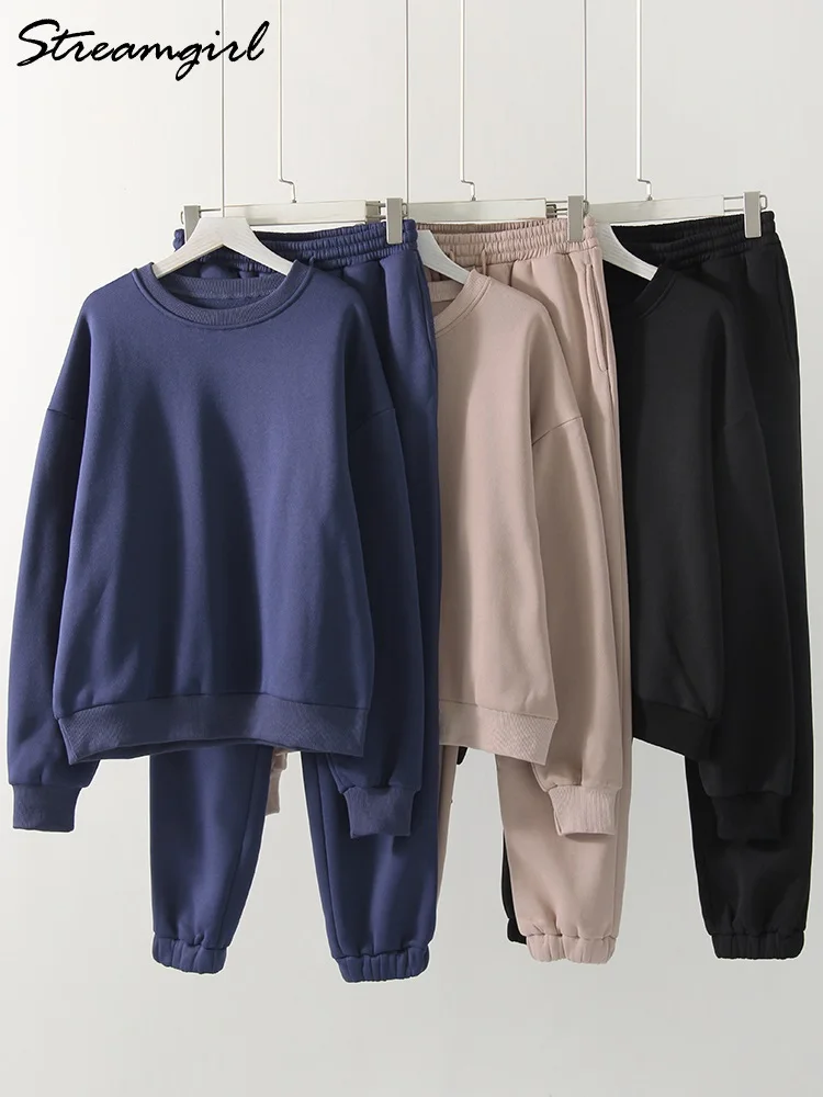 Winter Pants Velvet Tracksuits Sets Women Warm Sweatshirts Pants Sets Female O Neck Casual Fleece Suits For Women Velvet Set