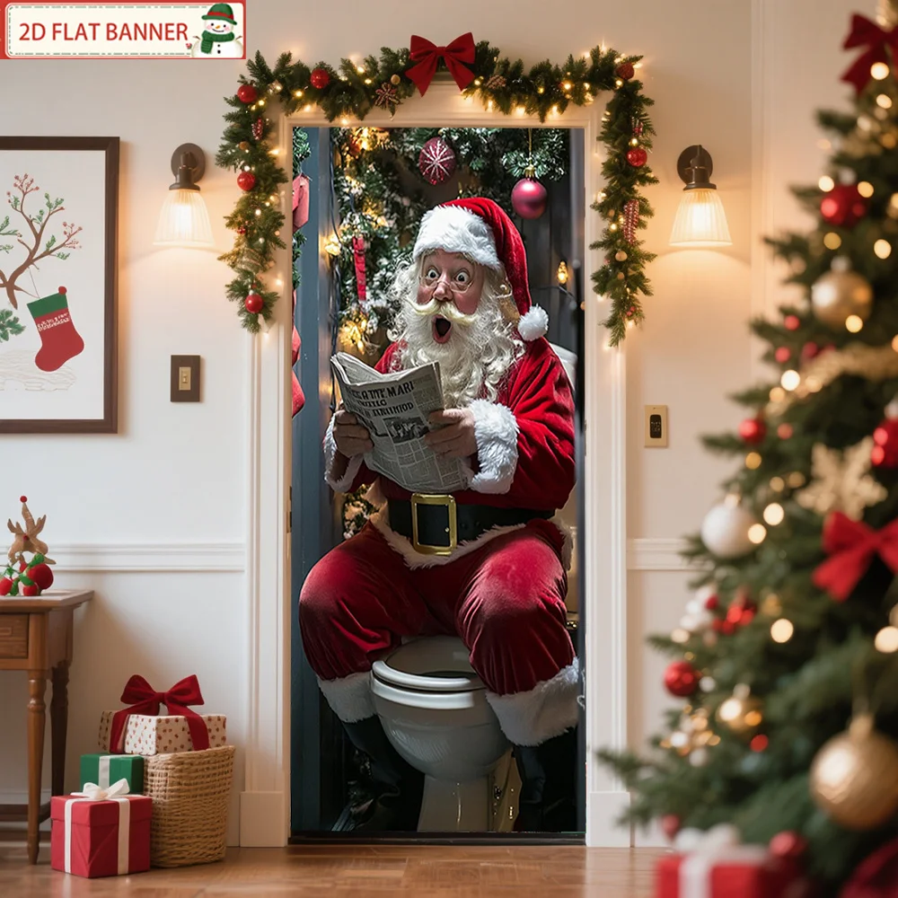 Ein flaches 2D-Türbanner aus Polyester mit Weihnachtsmann, entworfen mit der Toilette, geeignet für die Dekoration von Weihnachtsmann