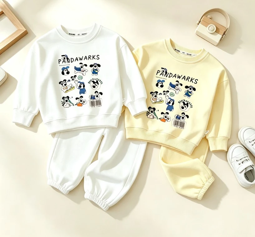 Kids Cartoon Dog Two Piece Tracksuit Soft Cotton Crew Neck Sweatshirt And Elastic Cuff Jogger Pants Baby Autumn Clothing Suits