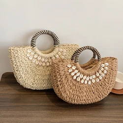 Borsa da spiaggia da viaggio di grande capacità per le donne 2023 nuova borsa in Rattan fatta a mano Designer borsa a mezza luna borsa di paglia Tote con manico rotondo