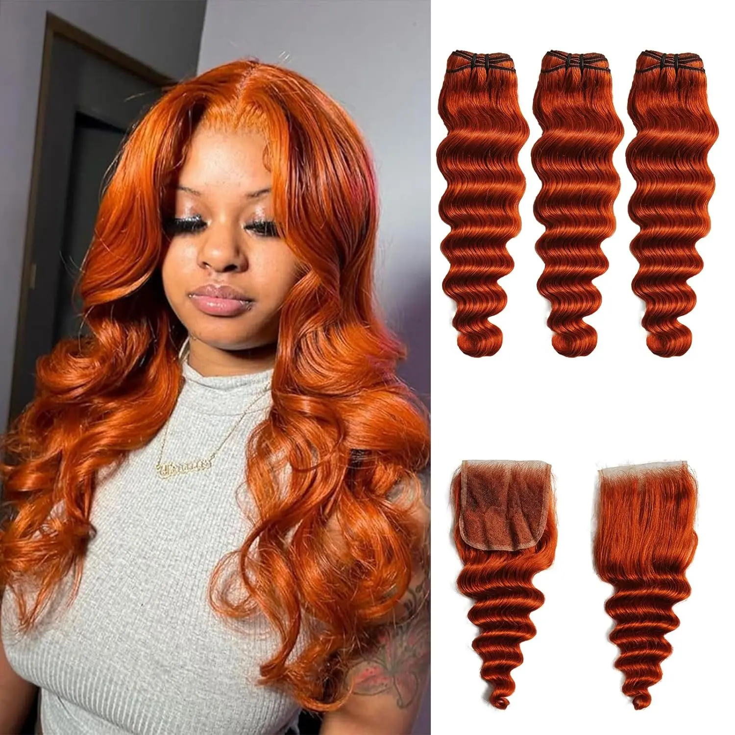 Ginger Orange 3/4 Bundles with Closure Human Hair Loose Deep Wave Bundles with 4x4 Middle Part Lace Closure Wig #350 Remy Hair