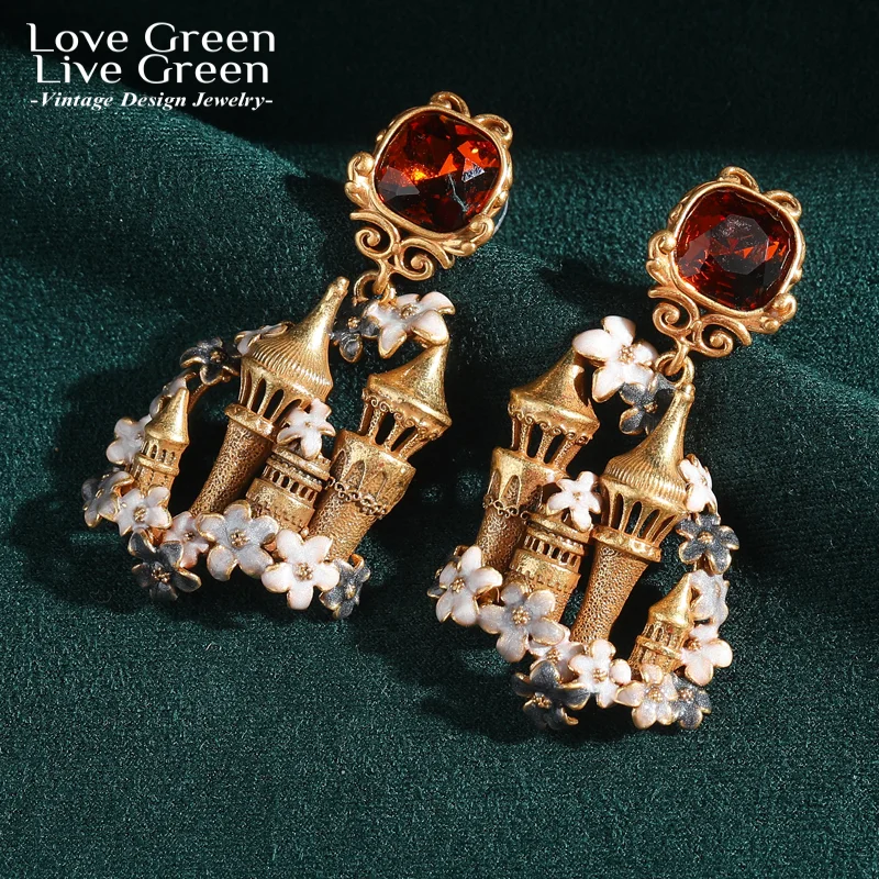 

Vintage Red Crystal Castle Drop Dangle Earring Gold Color Flower For Woman Accessories Jewelry Trends 2025 High Quality Vacation